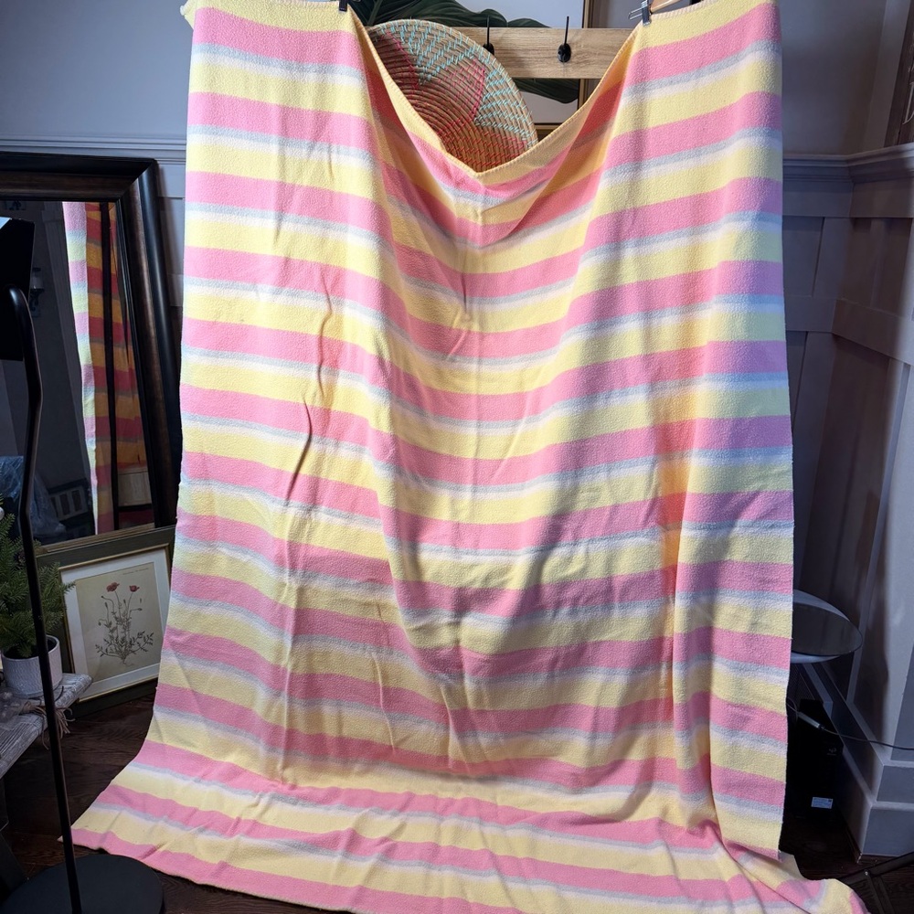 Vintage WOOL Blanket L Striped Pastel Knit Throw Blanket - Pink & Yellow